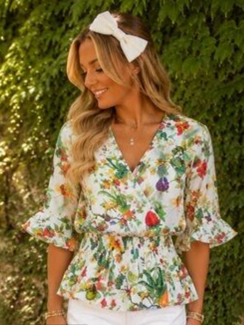 Philosophy Colorful Fruit & Floral Ruffle V-Neck Smocked Waist Peplum Small